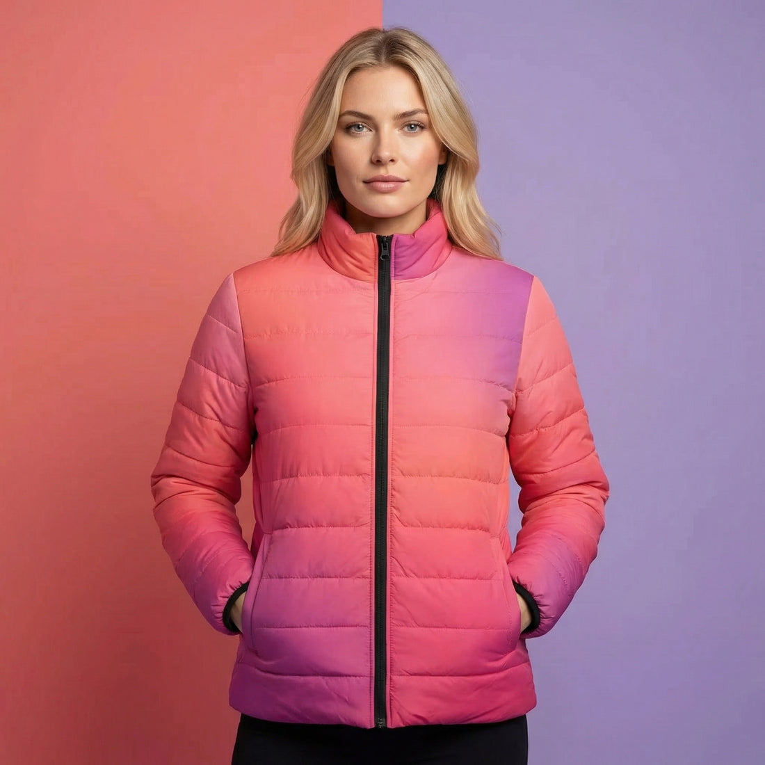 Ombre Puffer Coat | Purple and Orange Gradient Quilted Outerwear