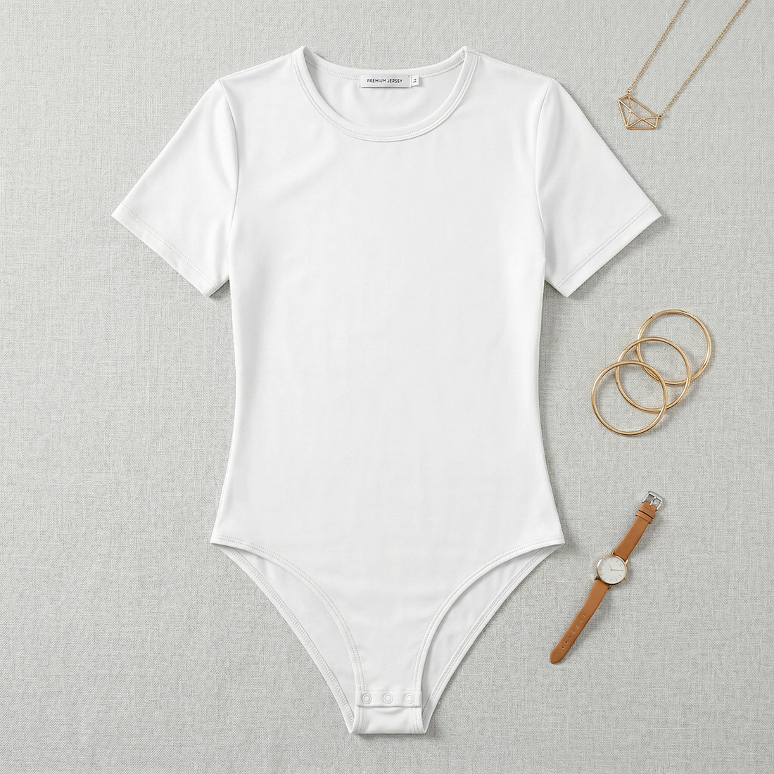 Women’s Essential White Short Sleeve Bodysuit Round Neck Stretch Top