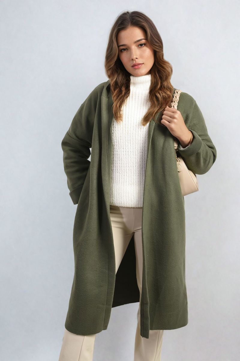 Hooded Longline Coat in Khaki with Open Front and Pockets