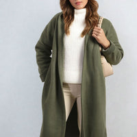 Hooded Longline Coat in Khaki with Open Front and Pockets