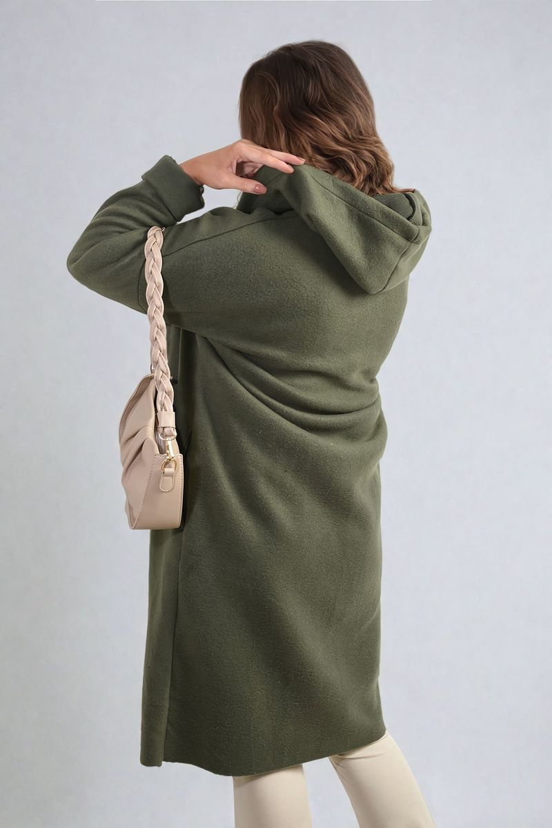 Hooded Longline Coat in Khaki with Open Front and Pockets