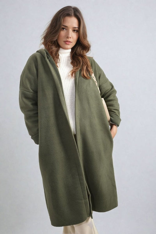 Hooded Longline Coat in Khaki with Open Front and Pockets