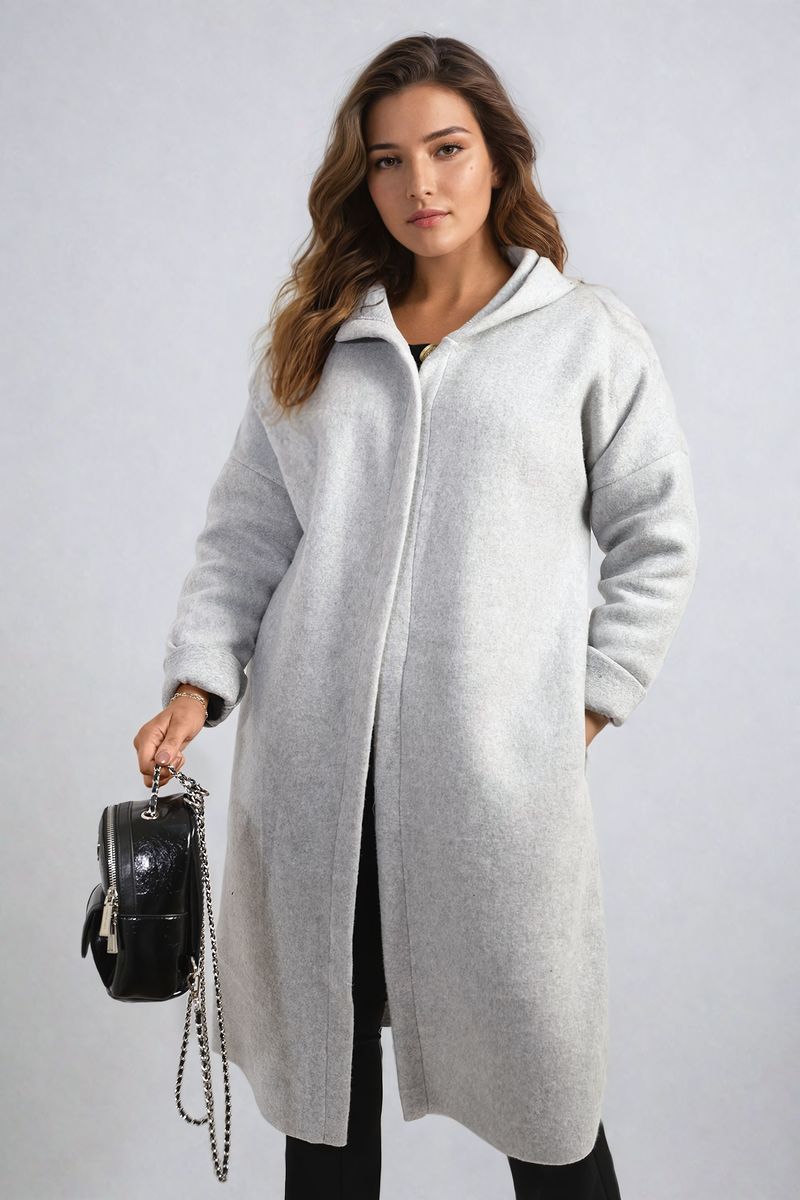 Hooded Longline Coat in Khaki with Open Front and Pockets