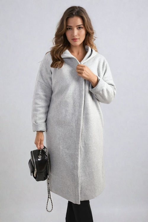 Hooded Longline Coat in Khaki with Open Front and Pockets