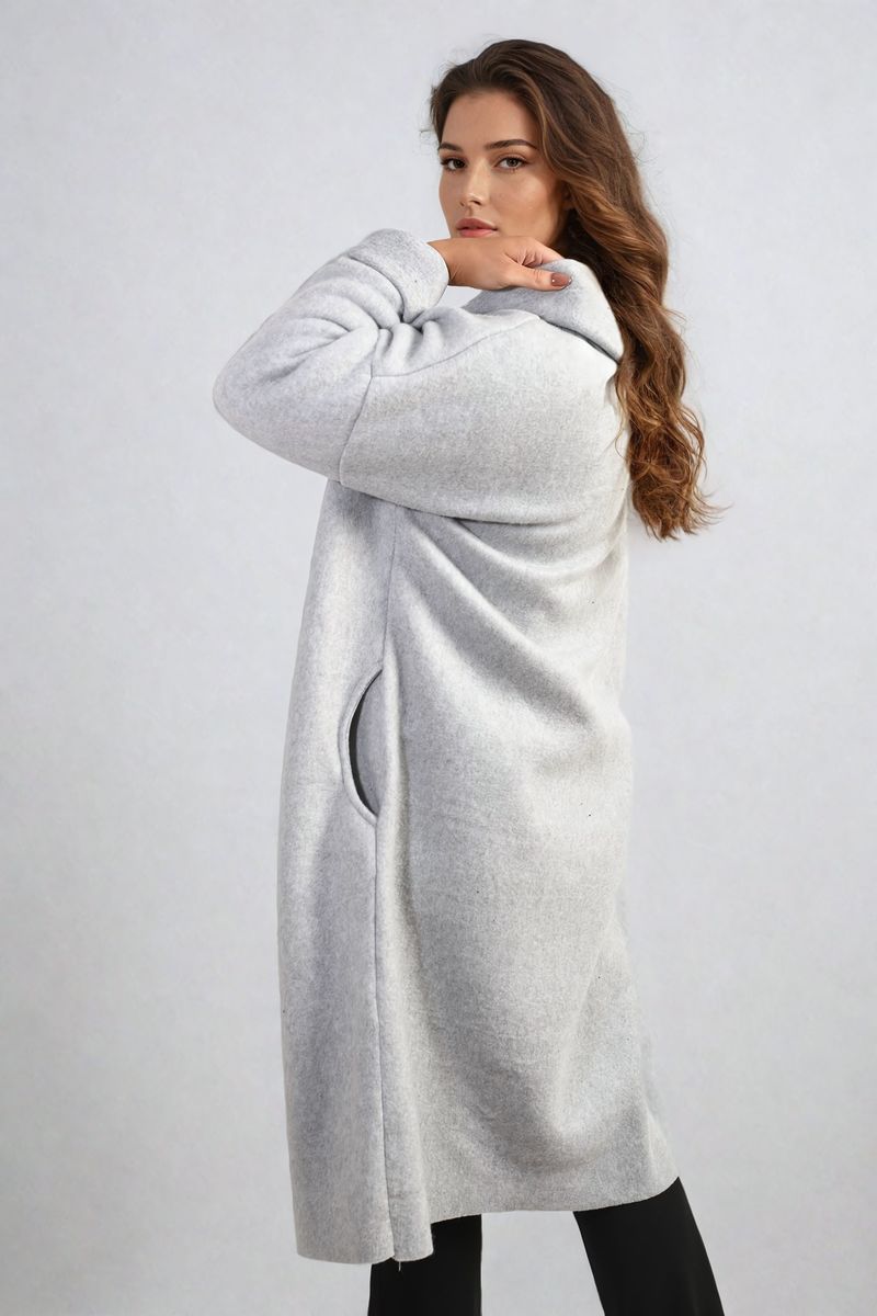 Hooded Longline Coat in Khaki with Open Front and Pockets