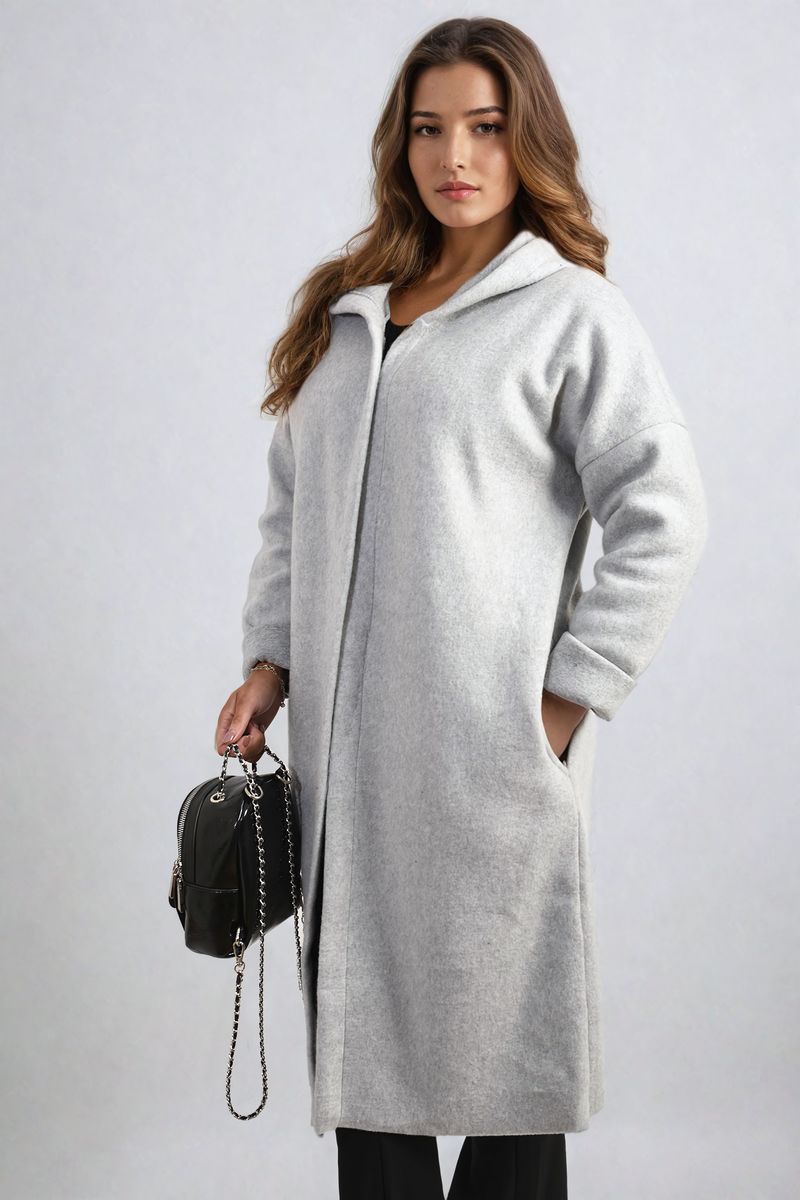 Hooded Longline Coat in Khaki with Open Front and Pockets