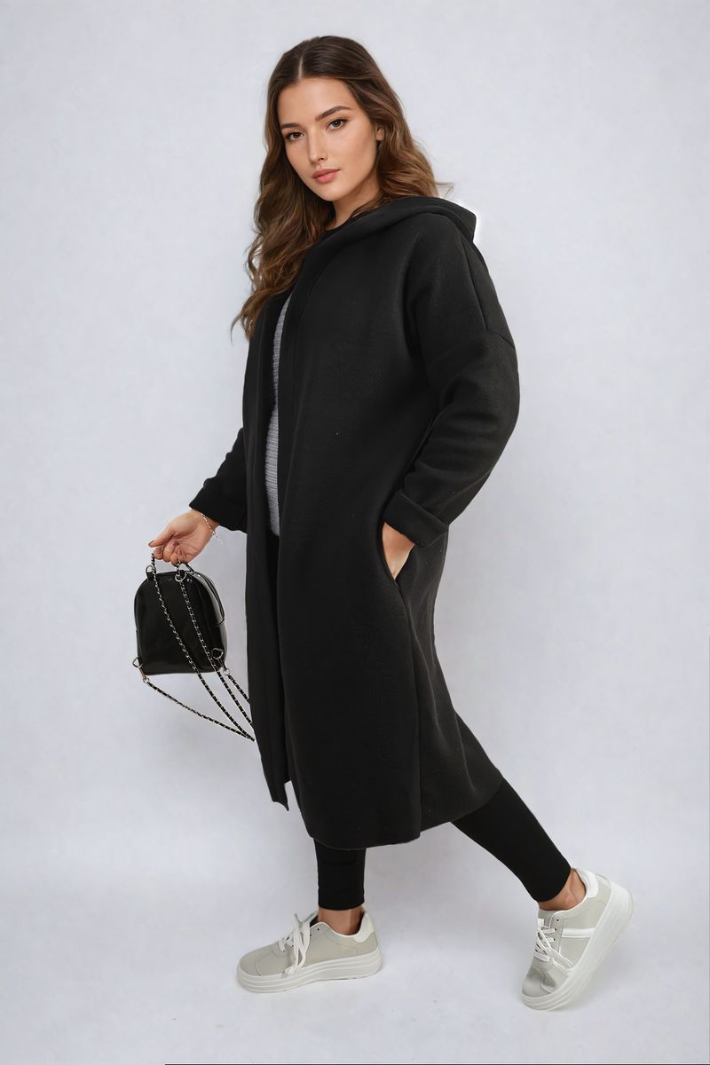 Hooded Longline Coat in Khaki with Open Front and Pockets
