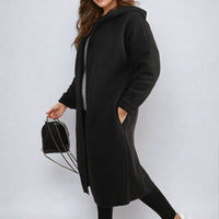 Hooded Longline Coat in Khaki with Open Front and Pockets