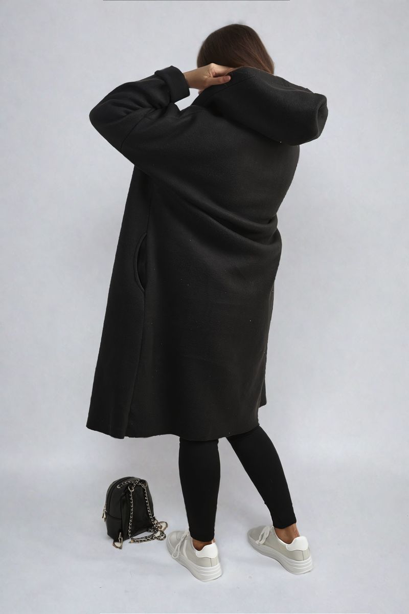 Hooded Longline Coat in Khaki with Open Front and Pockets