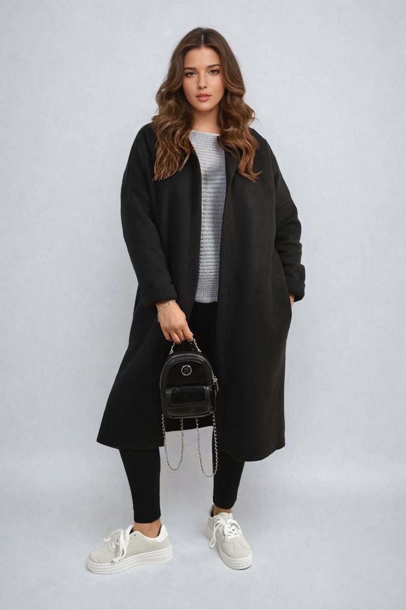 Hooded Longline Coat in Khaki with Open Front and Pockets