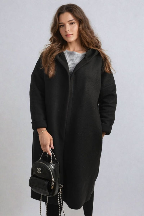 Hooded Longline Coat in Khaki with Open Front and Pockets