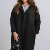 Hooded Longline Coat in Khaki with Open Front and Pockets