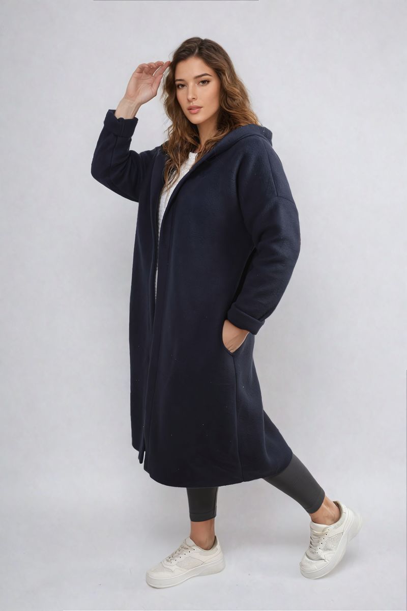 Hooded Longline Coat in Khaki with Open Front and Pockets