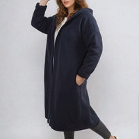 Hooded Longline Coat in Khaki with Open Front and Pockets