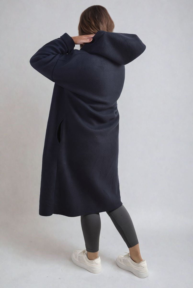 Hooded Longline Coat in Khaki with Open Front and Pockets