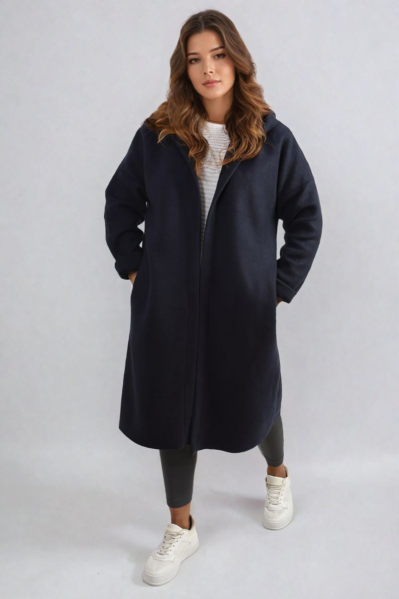 Hooded Longline Coat in Khaki with Open Front and Pockets