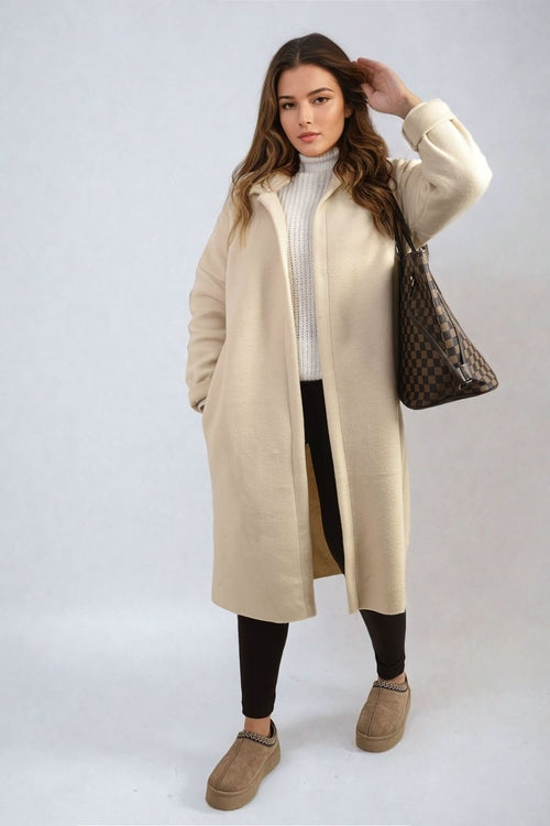 Hooded Longline Coat in Khaki with Open Front and Pockets