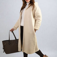 Hooded Longline Coat in Khaki with Open Front and Pockets