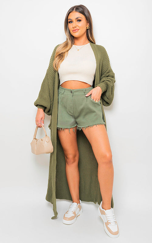 Maxi Cardigan in Khaki with Balloon Sleeves