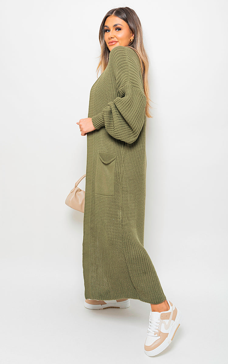 Maxi Cardigan in Khaki with Balloon Sleeves