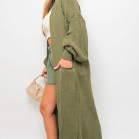 Maxi Cardigan in Khaki with Balloon Sleeves