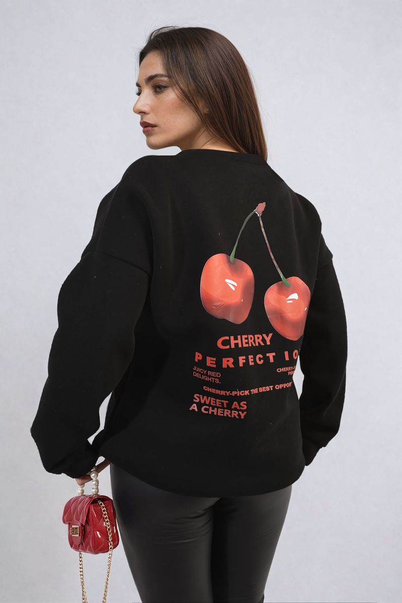 Black oversized knitted jumper with large back cherry graphic and text design