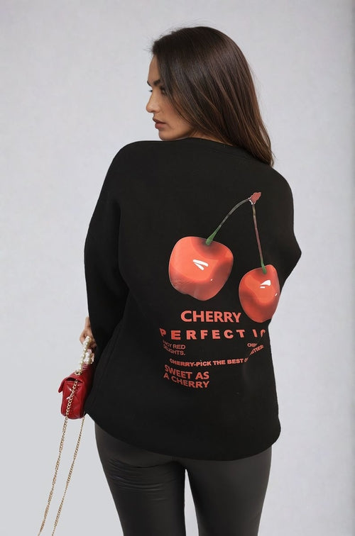 Black oversized knitted jumper with large back cherry graphic and text design