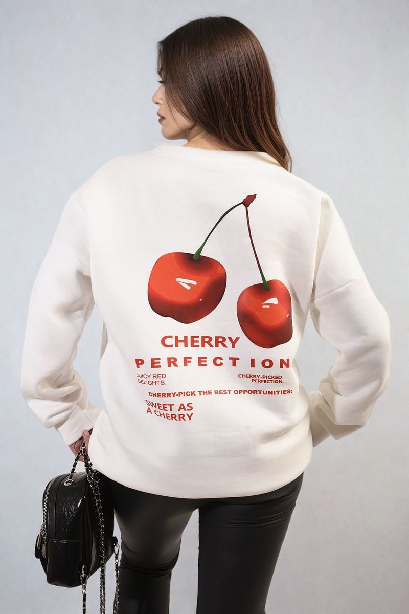 White oversized knitted jumper with large back cherry graphic and text design