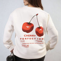 White oversized knitted jumper with large back cherry graphic and text design