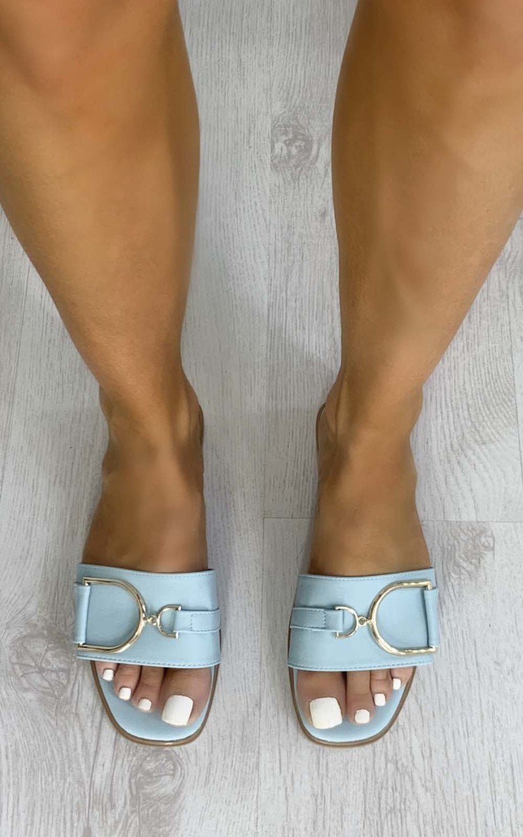 Blue wide-strap slide sandals with gold tone ring detail, open toe