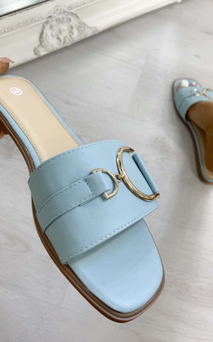 Blue slide sandals with wide straps and gold tone ring buckle detail