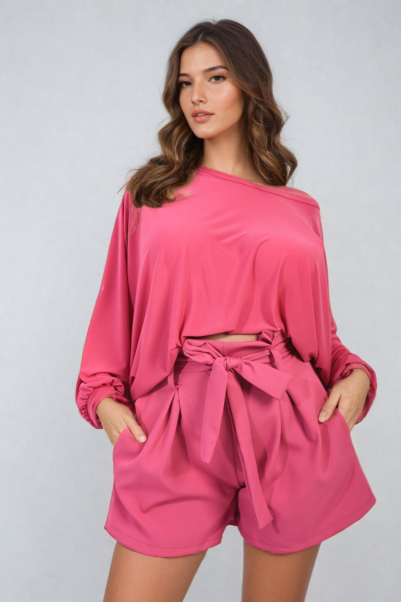 Fuchsia paper bag high-waist shorts with wide tie belt and gathered waist