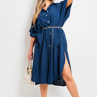 Navy button-down collared midi dress with two front pockets and cinched waist tie