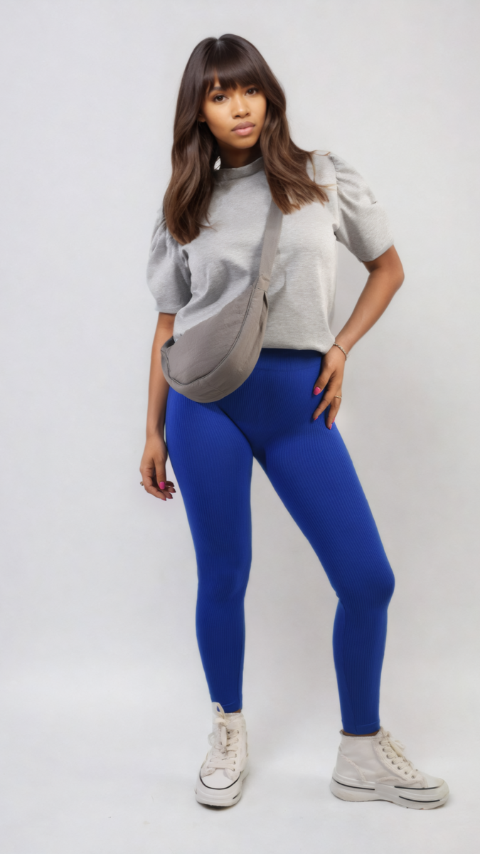 Bright-blue high-waisted ankle leggings with wide waistband, full length fit.