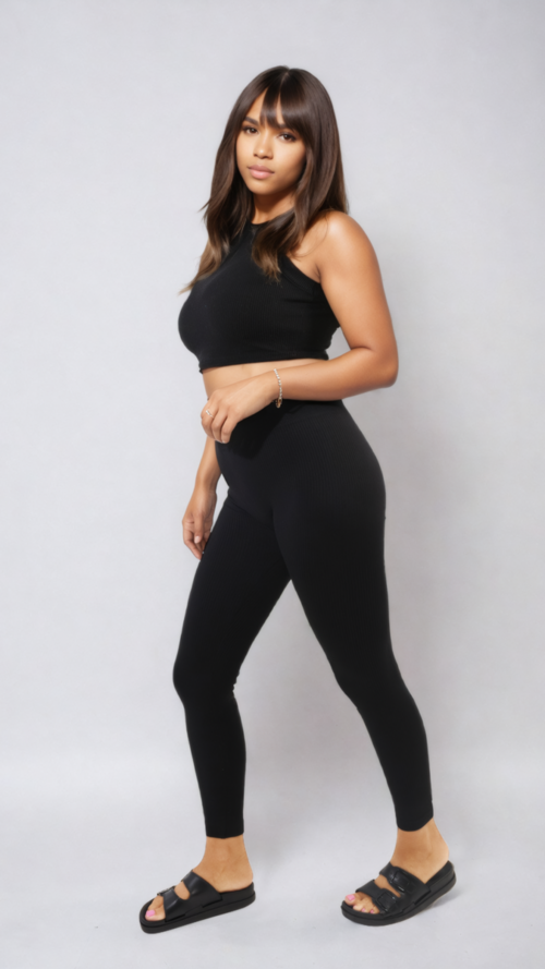High-waisted black leggings with wide waistband, ankle-length, full-body view