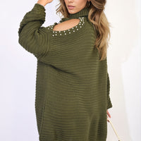 Oversized cold-shoulder knit jumper with high neck, dark olive, studded shoulder detail