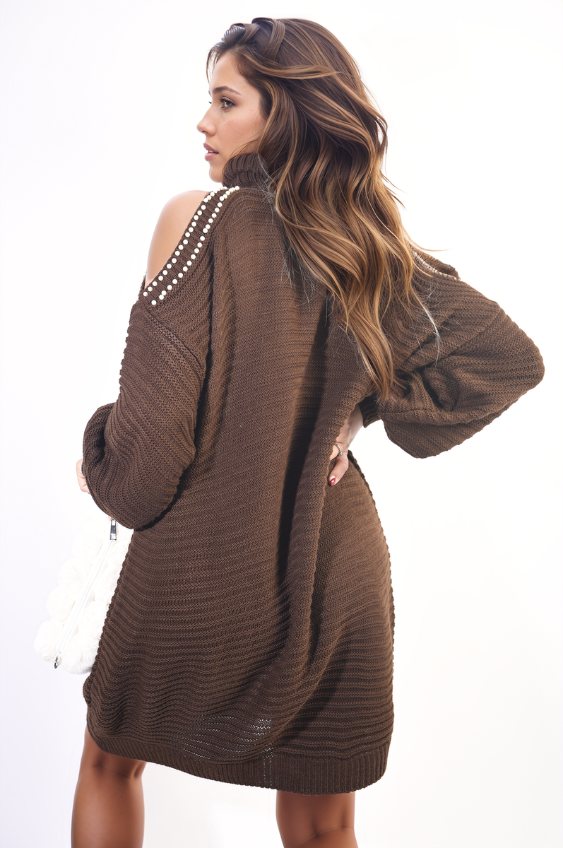 Dark brown oversized knit jumper with high neck and cold-shoulder cutouts, studded trim