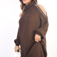 Dark brown oversized knit jumper with high neck, cold-shoulder cutouts, stud details