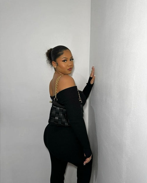 Knitted Co-ord Set in Black with Off Shoulder Crop Top and Trousers