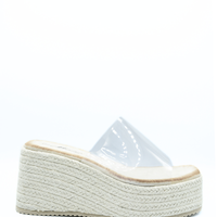 Beige platform wedge slide sandal with clear open top and woven textured sole