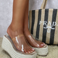 Beige transparent strap platform wedge heels with clear footbed strap, side view