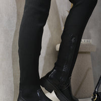 Over the Knee Boots in Black with Ribbed Knit and Chunky Soles