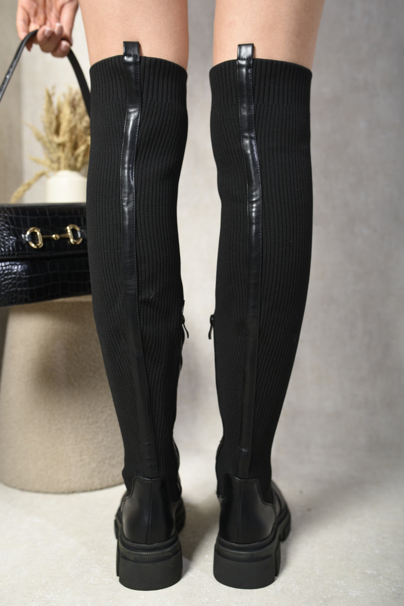 Over the Knee Boots in Black with Ribbed Knit and Chunky Soles