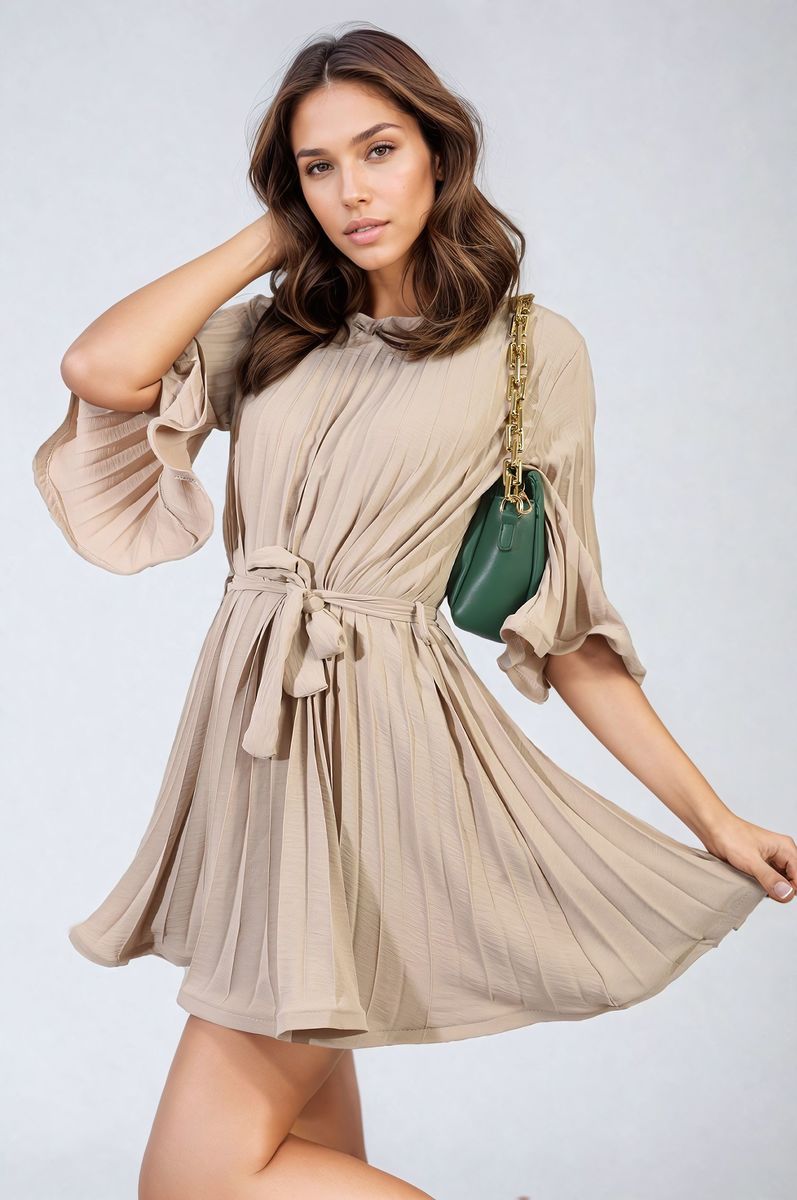 Beige pleated mini dress with tie waist, wide sleeves, and short gathered skirt.