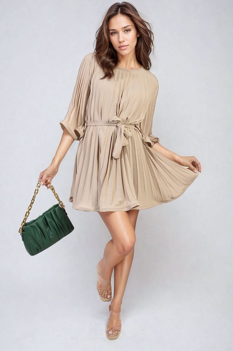 Beige pleated mini dress with tie waist and wide sleeves, gathered ruffles.