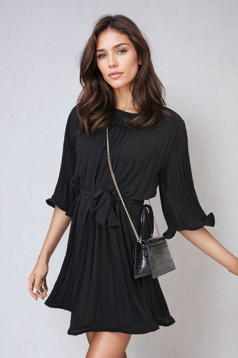 Black pleated mini dress with tie waist and flowing wide bell sleeves
