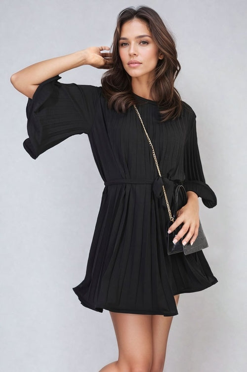 Pleated mini dress with tie waist and wide sleeves, black