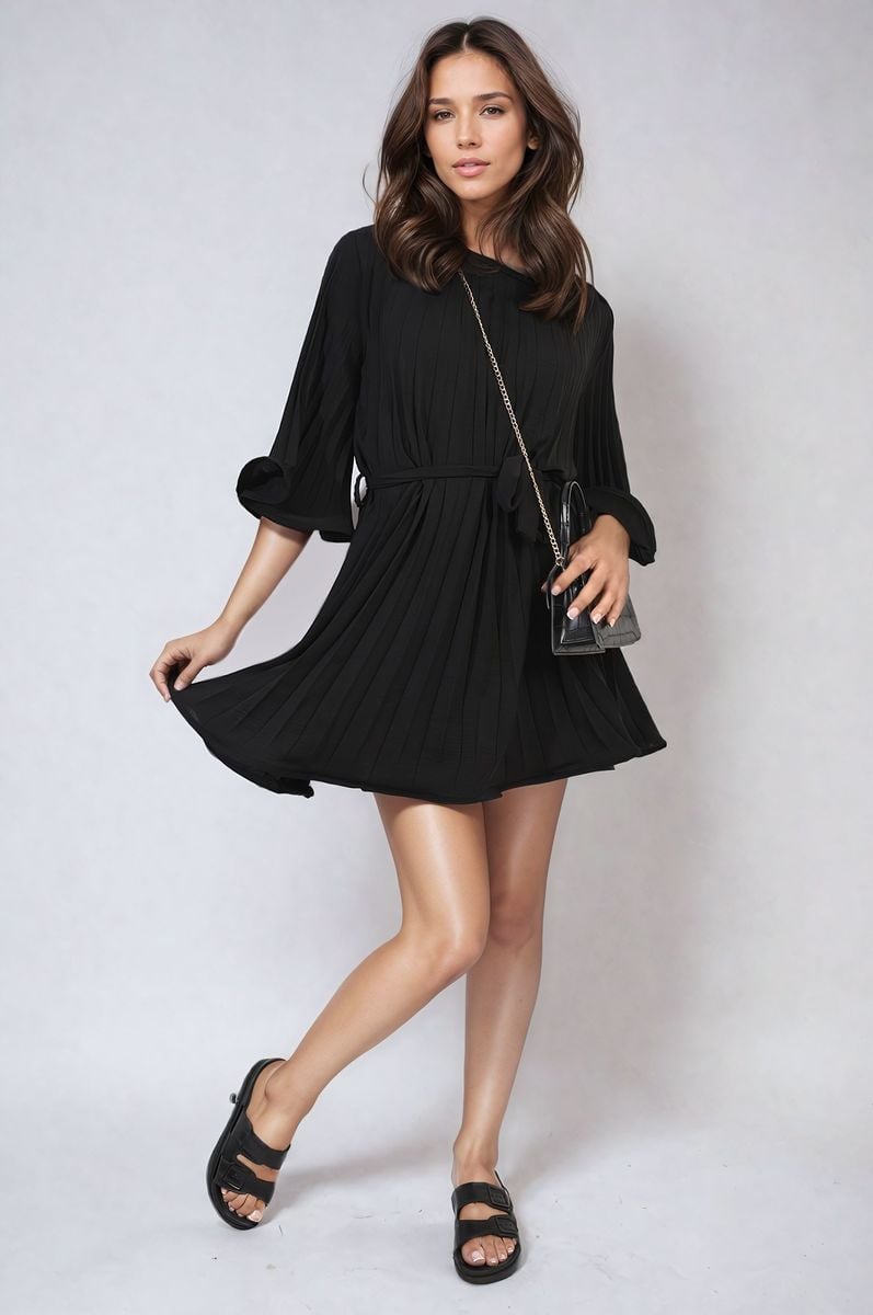 Black pleated mini dress with tie waist and wide three-quarter sleeves