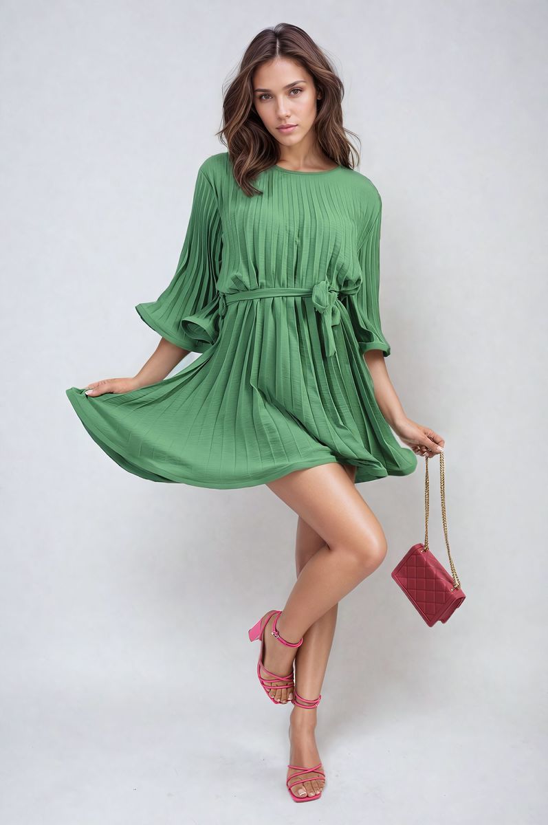 Green pleated mini dress with tie waist and loose three-quarter wide sleeves