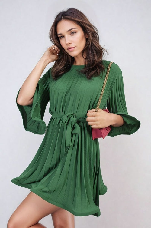 Pleated mini dress with tie waist and wide sleeves, green